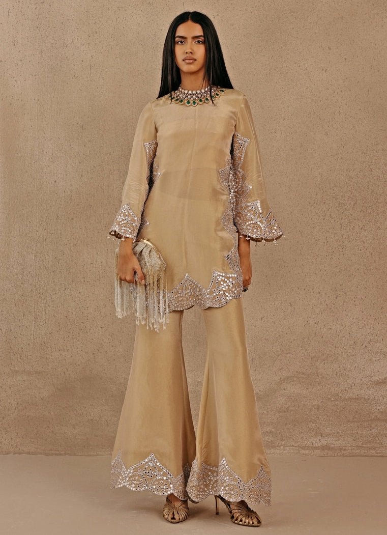 Gold tissue kurta bell bottom set by Twenty Nine for wedding guest