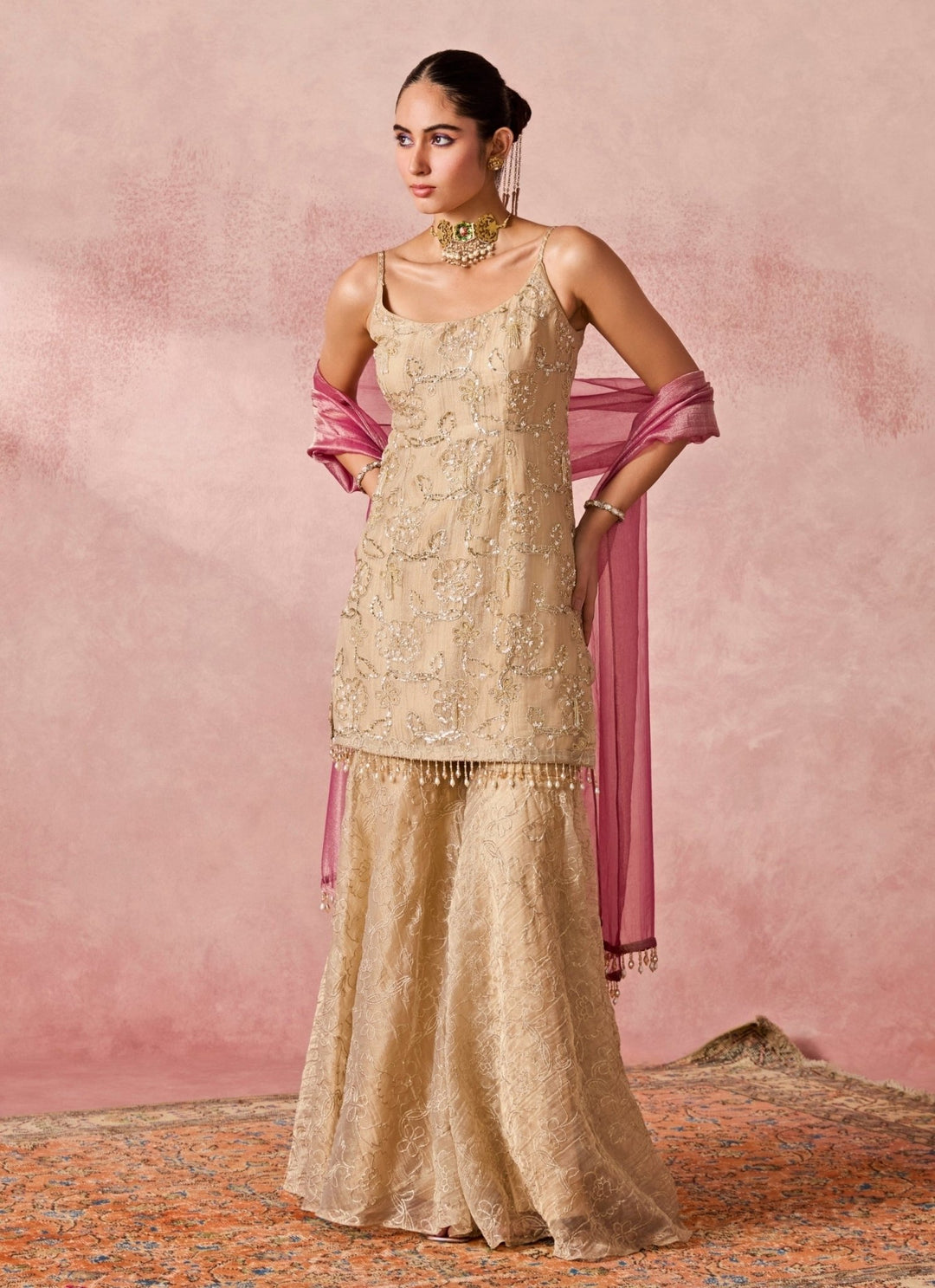 Chamee And Palak Gold Tissue Kurta Sharara Set With Pink DupattaFabilicious Fashion