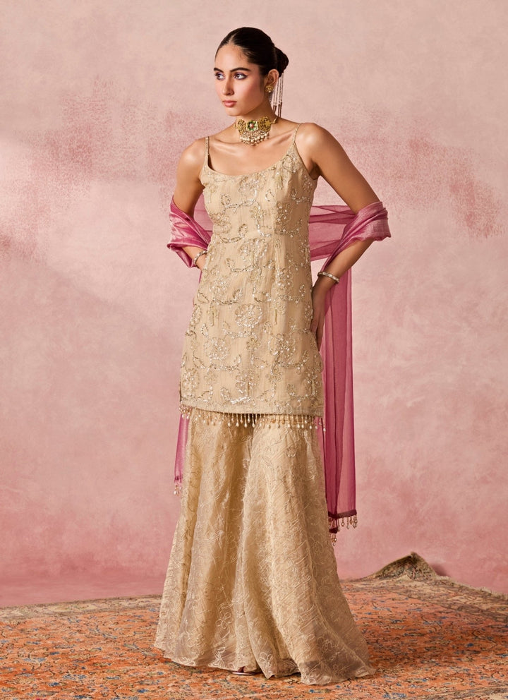 Chamee And Palak Gold Tissue Kurta Sharara Set With Pink DupattaFabilicious Fashion