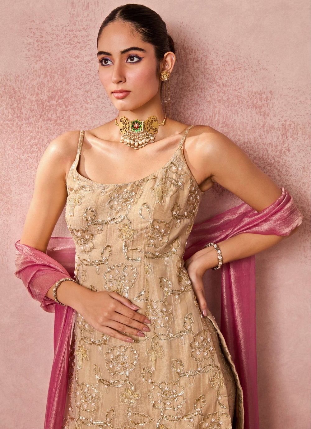 Chamee And Palak Gold Tissue Kurta Sharara Set With Pink DupattaFabilicious Fashion