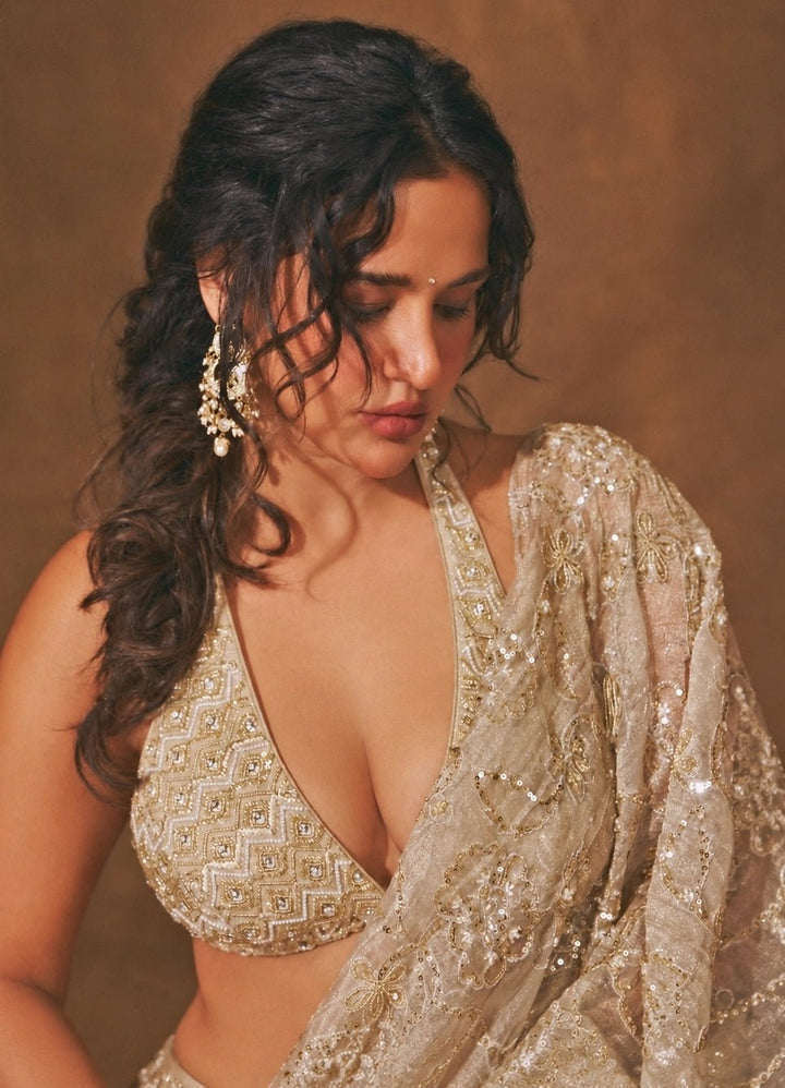 Chamee And Palak Gold Tissue Organza Pre-Draped SareeFabilicious Fashion
