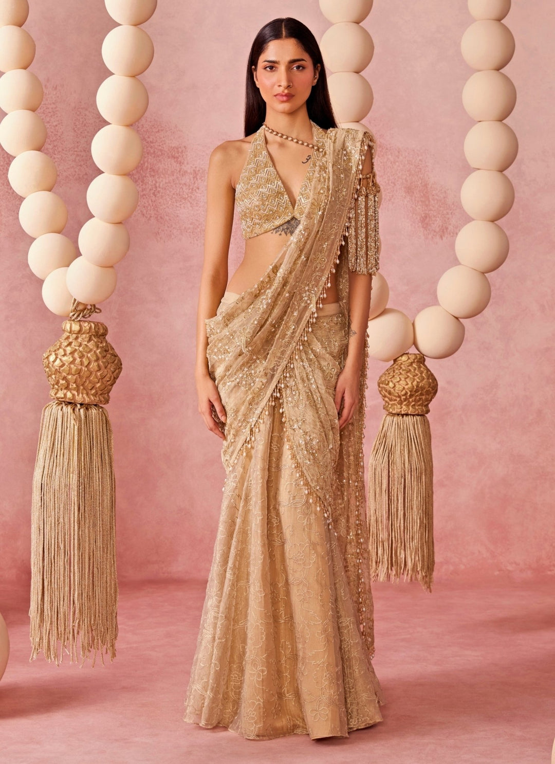 Chamee And Palak Gold Tissue Organza Pre-Draped SareeFabilicious Fashion