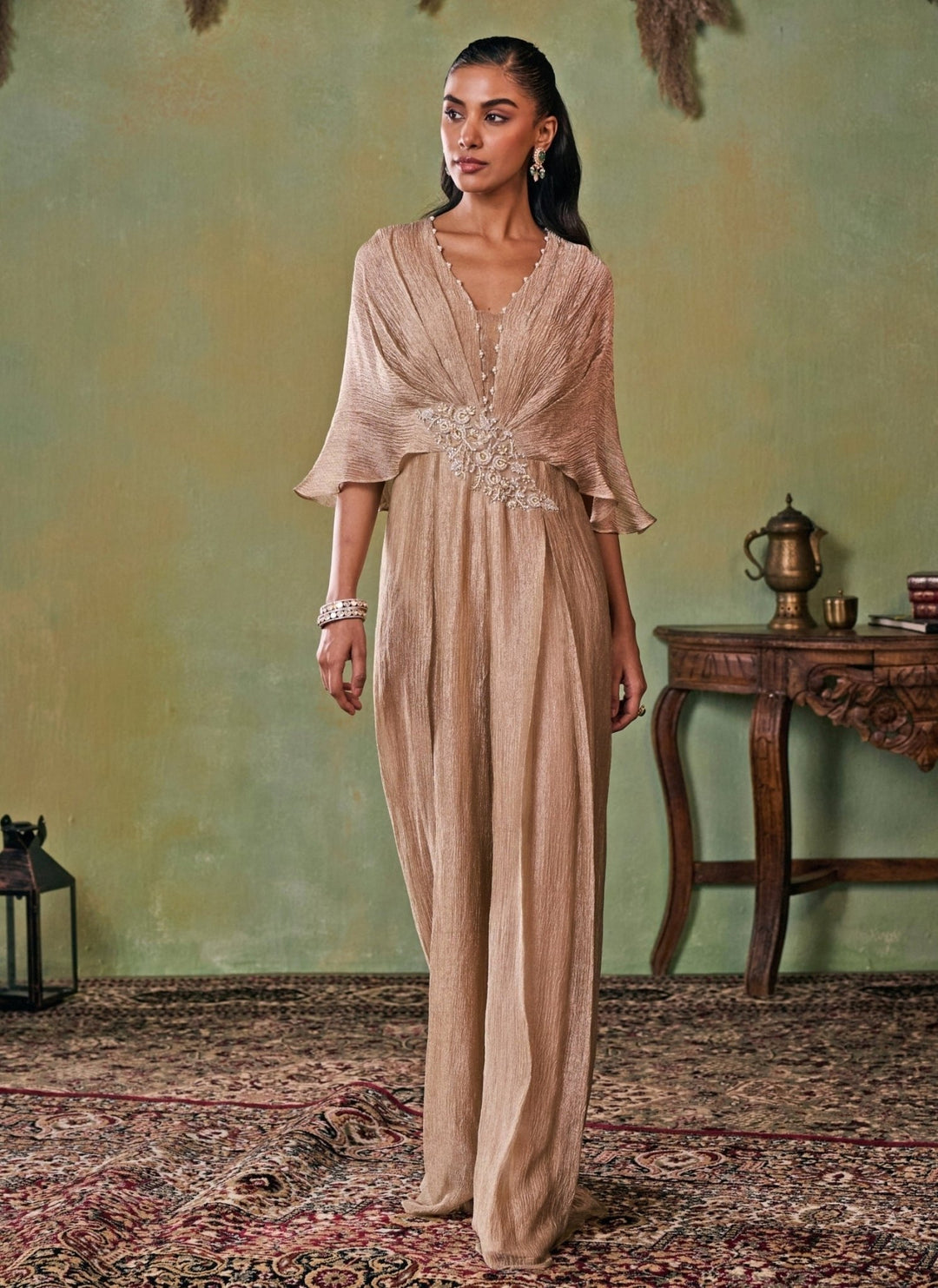 Seema Thukral Gold Tissue Pleated JumpsuitFabilicious Fashion