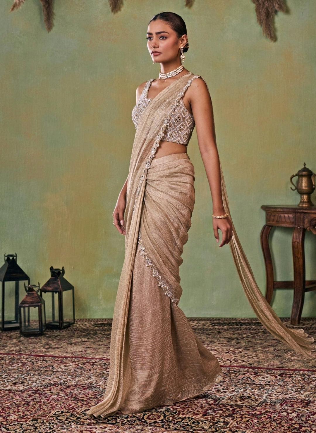 Seema Thukral Gold Tissue Pre-Draped Saree SetFabilicious Fashion
