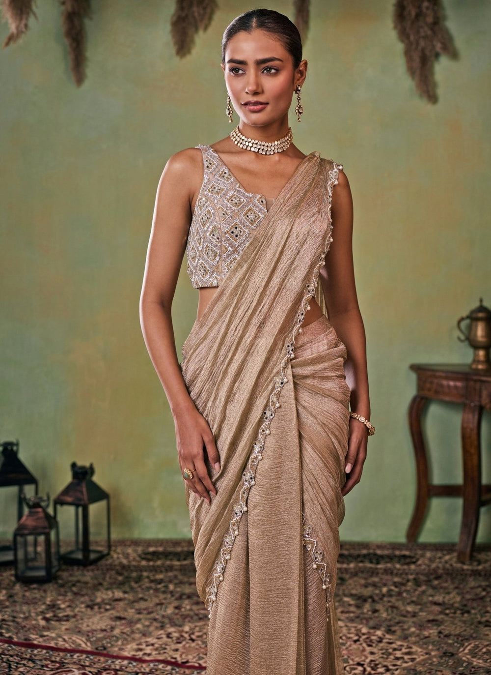 Seema Thukral Gold Tissue Pre-Draped Saree SetFabilicious Fashion