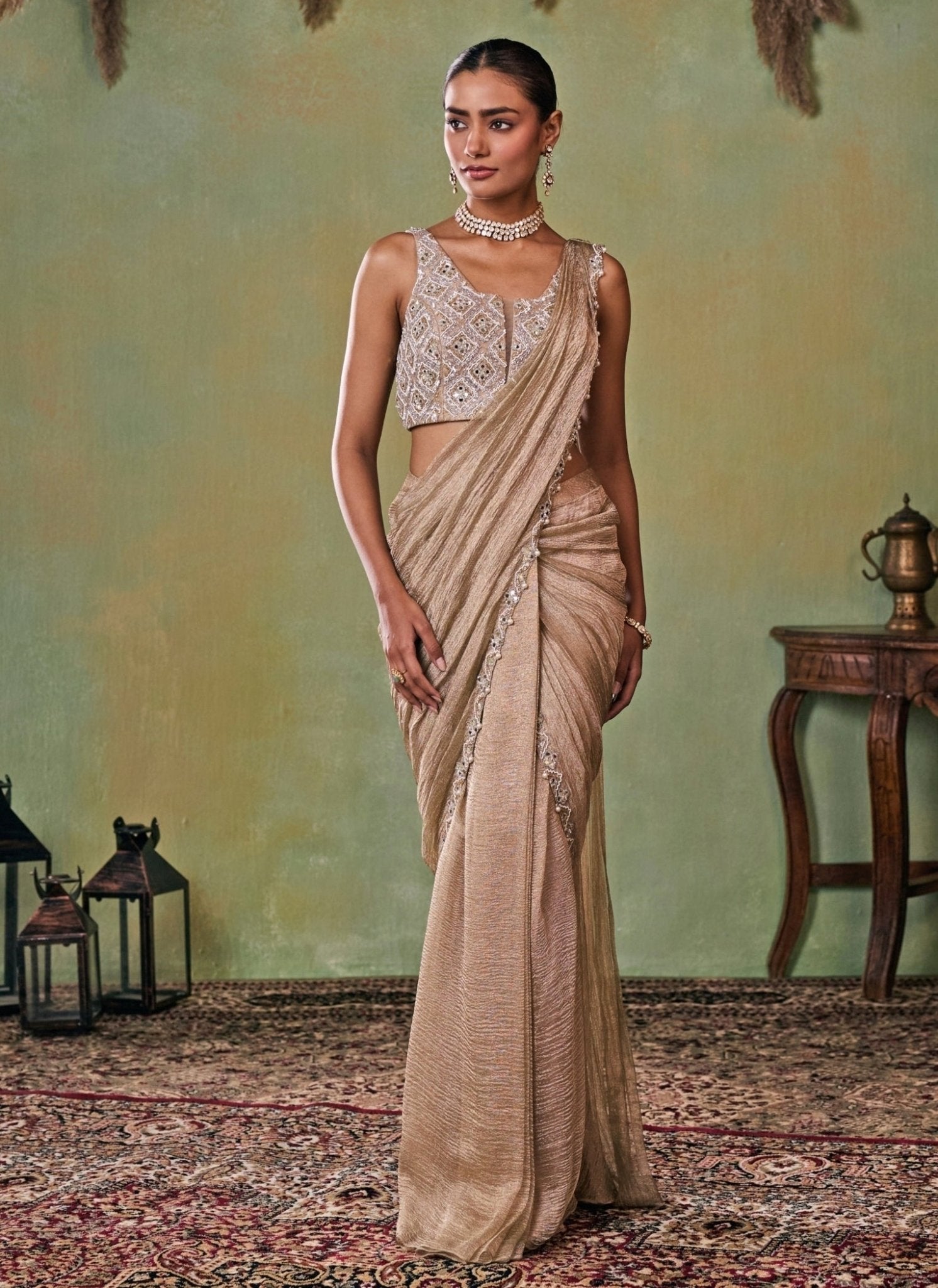 Gold tissue pre-draped saree set by Seema Thukral — easy saree for a wedding reception