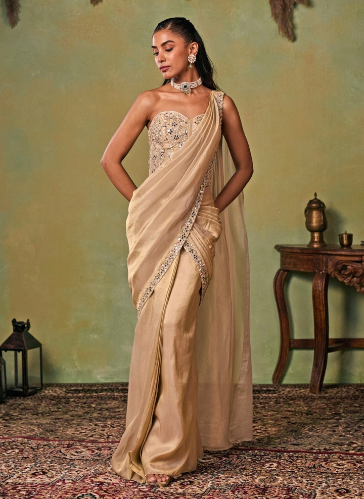 Seema Thukral Gold Tissue Pre-Draped Saree With Corset BlouseFabilicious Fashion