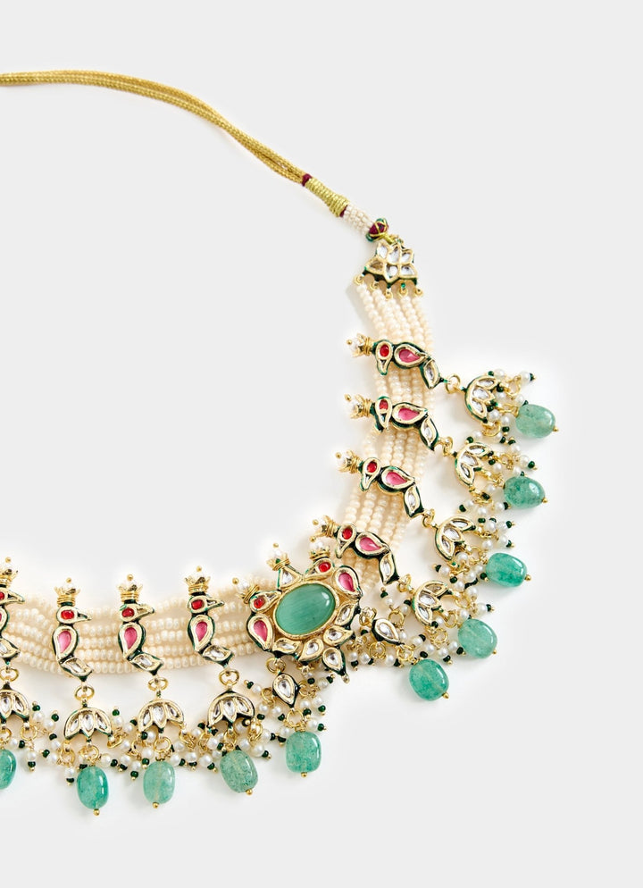 Gold Tone And Green Beads Choker Necklace Set Vivinia By Vidhi Mehra - Fabilicious Fashion