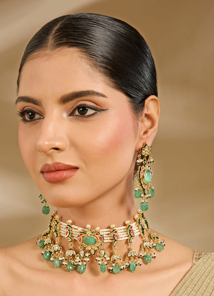 Gold Tone And Green Beads Choker Necklace Set Vivinia By Vidhi Mehra - Fabilicious Fashion