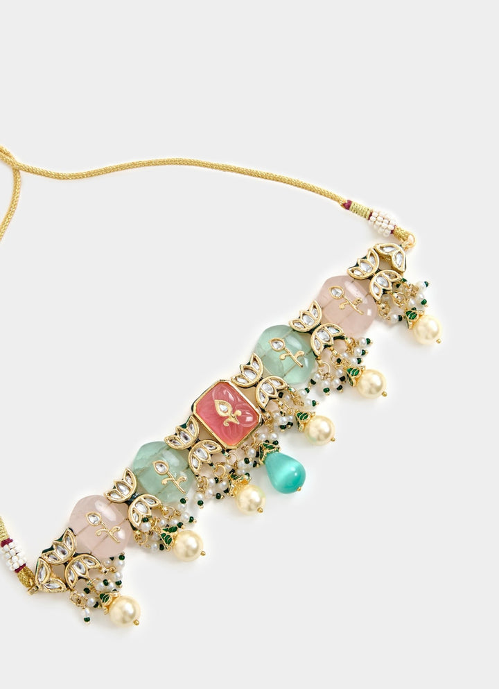Gold Tone Multicolor Stone Choker Necklace Set Vivinia By Vidhi Mehra - Fabilicious Fashion