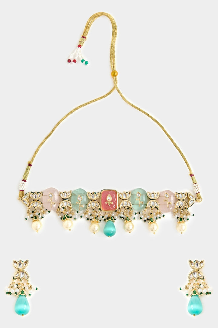 Gold Tone Multicolor Stone Choker Necklace Set Vivinia By Vidhi Mehra - Fabilicious Fashion