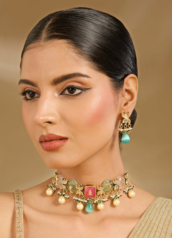 Gold Tone Multicolor Stone Choker Necklace Set