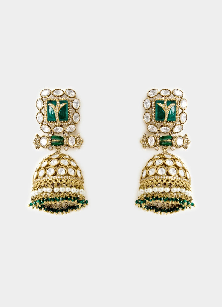 Gold Tone Pink And Green Jhumka Earrings Vivinia By Vidhi Mehra - Fabilicious Fashion