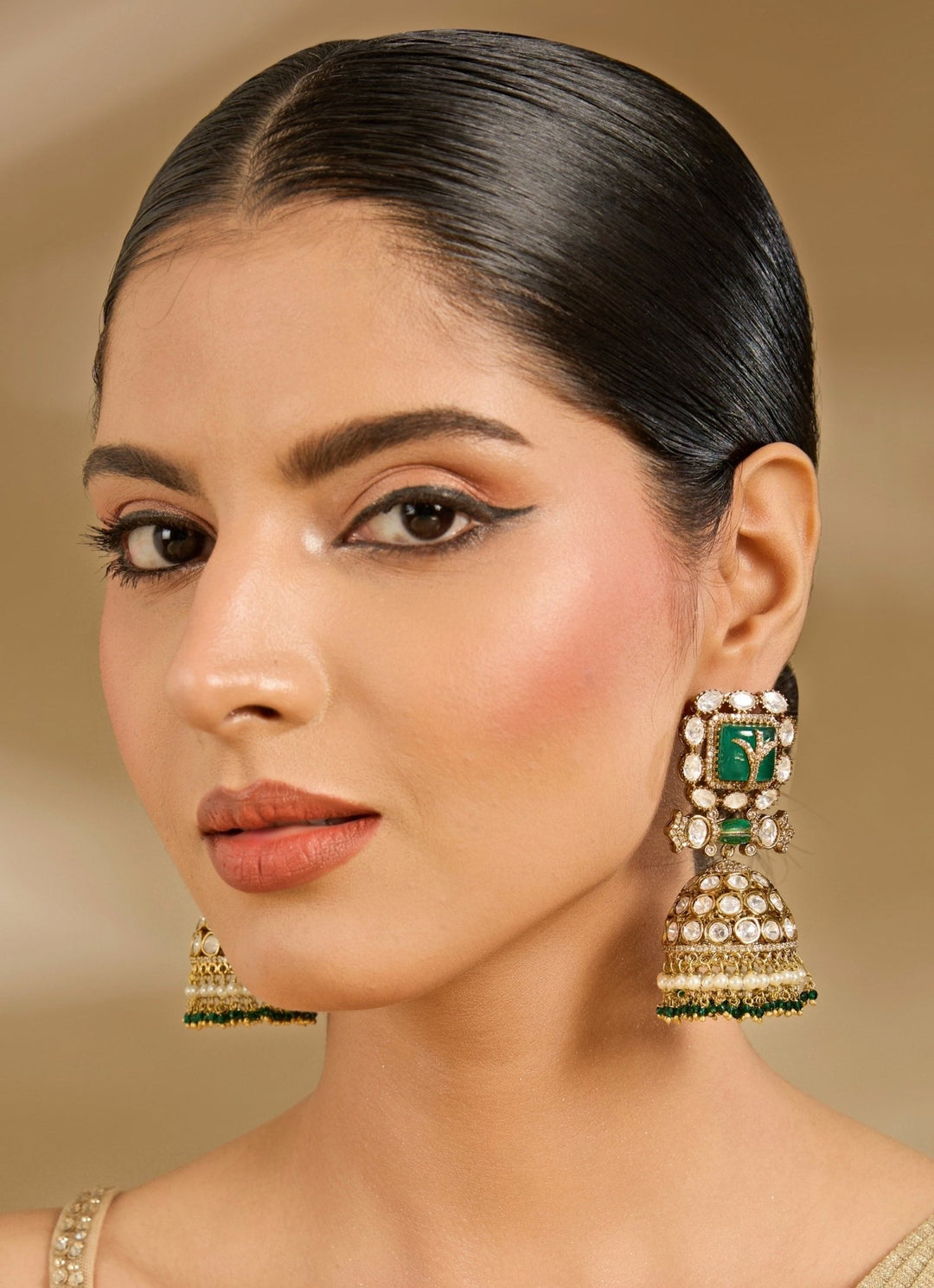 Gold Tone Pink And Green Jhumka Earrings Vivinia By Vidhi Mehra - Fabilicious Fashion
