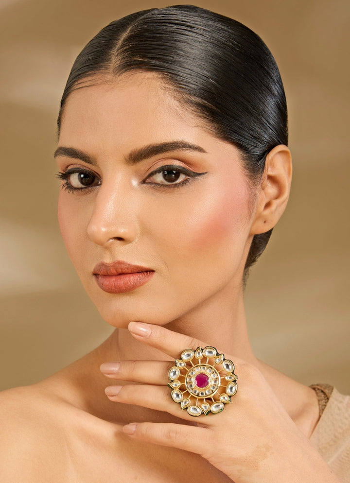 Gold Tone Statement Ring With Red Stone And Kundan Vivinia By Vidhi Mehra - Fabilicious Fashion