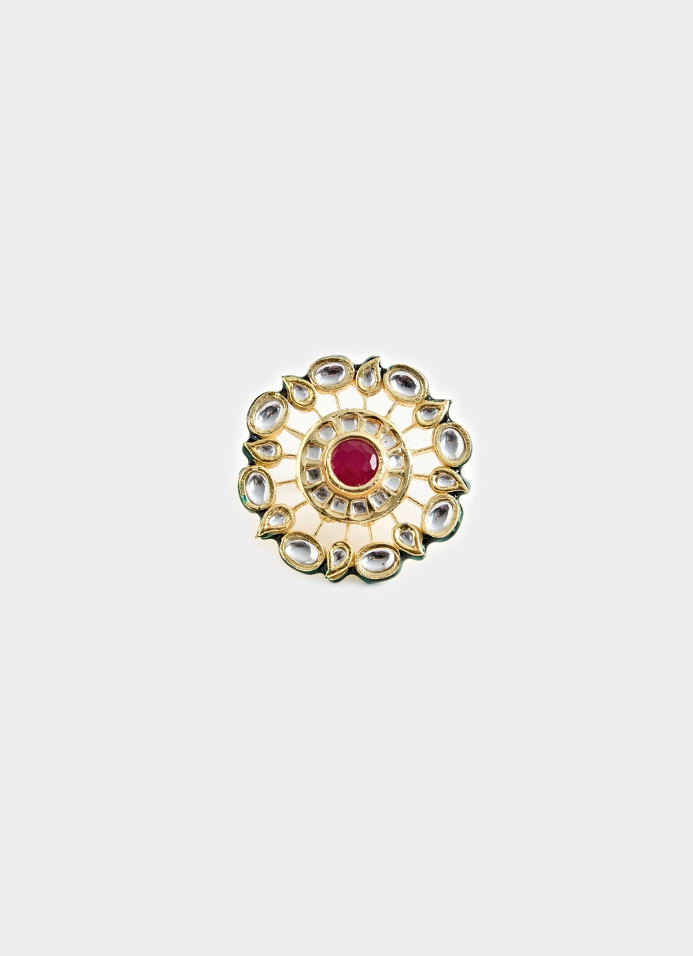Gold Tone Statement Ring With Red Stone And Kundan Vivinia By Vidhi Mehra - Fabilicious Fashion