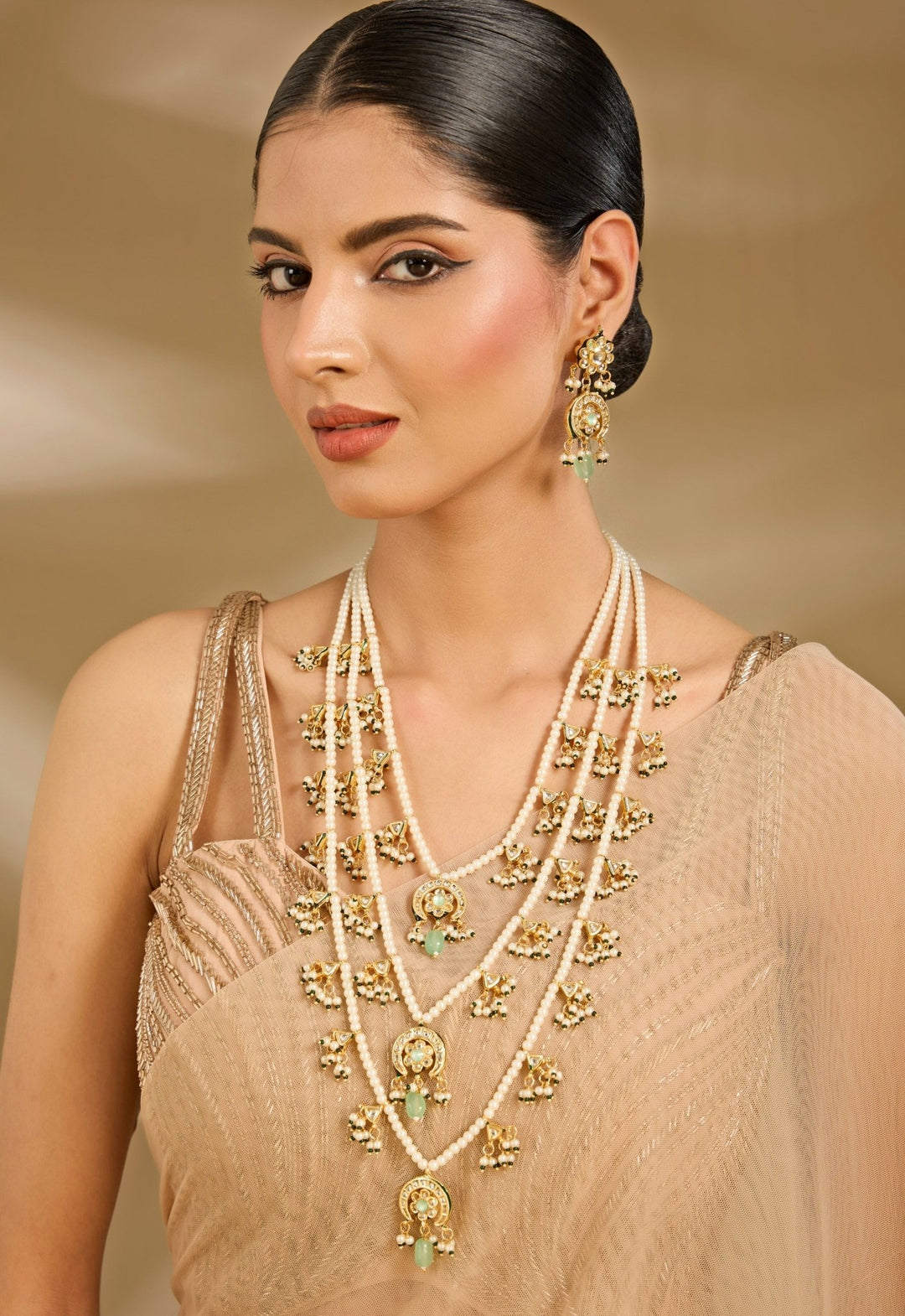 Gold Toned Green Layered Pearl Necklace Set Vivinia By Vidhi Mehra - Fabilicious Fashion