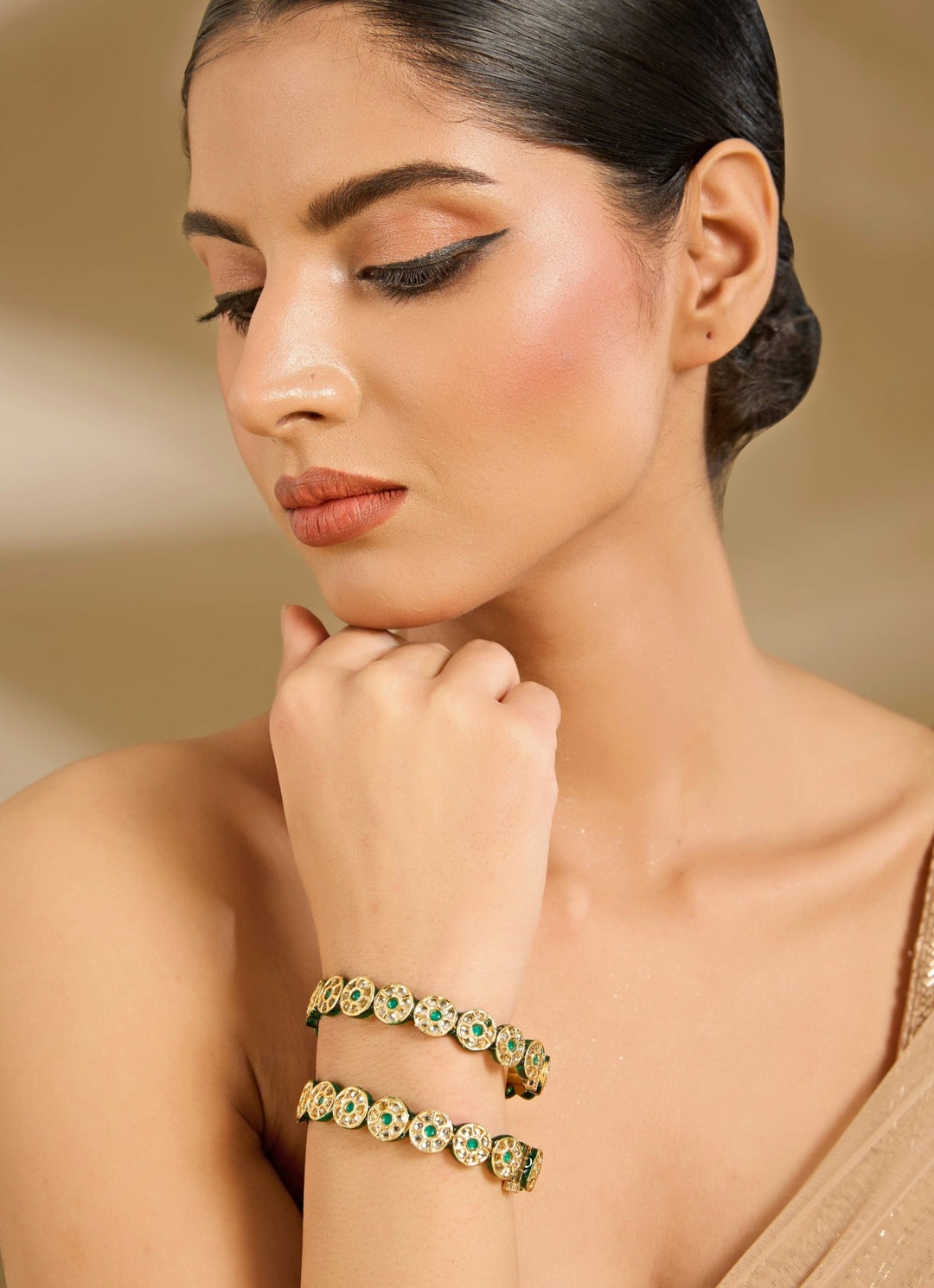 Gold Toned Green Stone Pearl Embellished Bangles Vivinia By Vidhi Mehra - Fabilicious Fashion