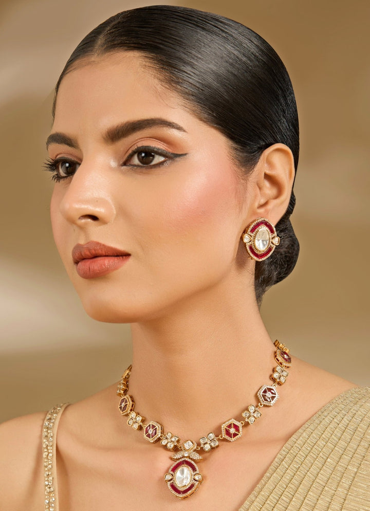 Gold Toned Polki Necklace Set With Matching Studs Vivinia By Vidhi Mehra - Fabilicious Fashion