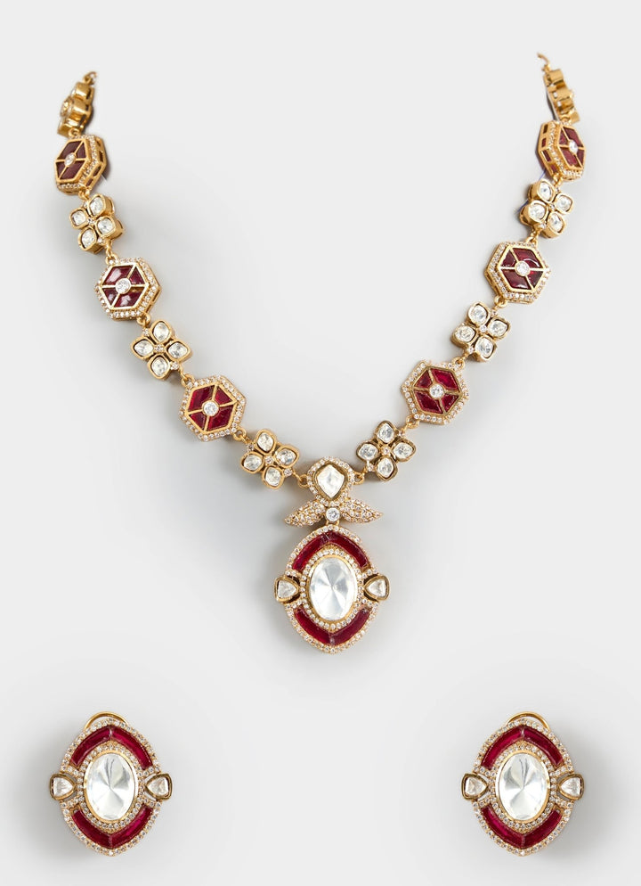 Gold Toned Polki Necklace Set With Matching Studs Vivinia By Vidhi Mehra - Fabilicious Fashion