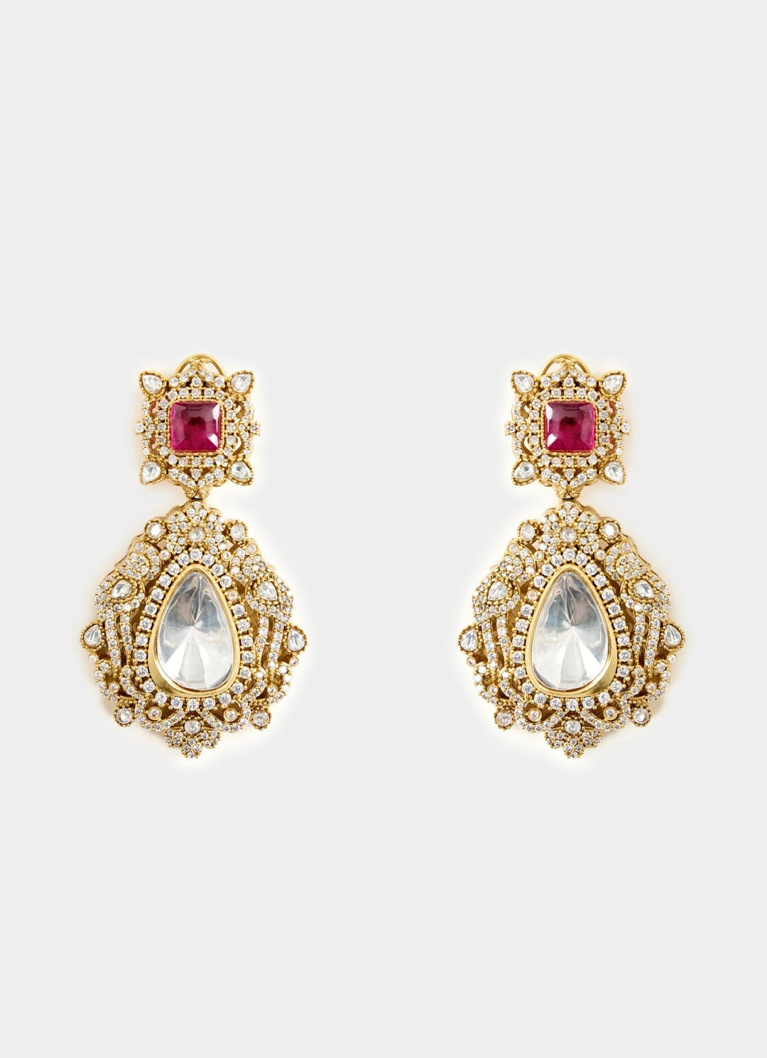 Gold Toned Teardrop Stone Statement Earrings Vivinia By Vidhi Mehra - Fabilicious Fashion