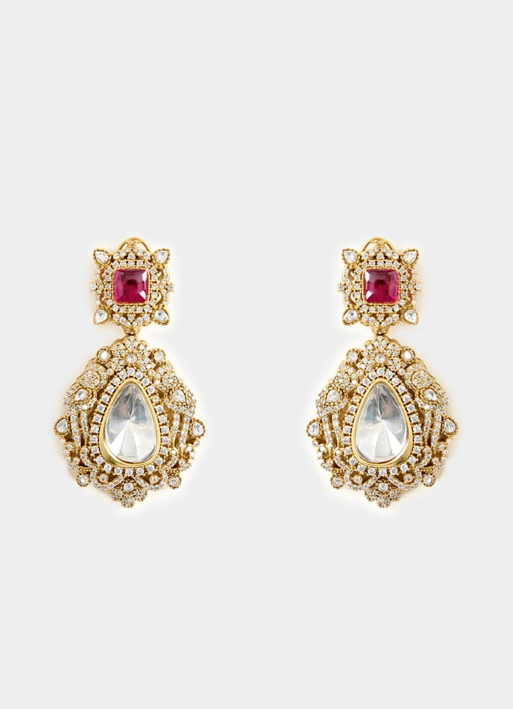Gold Toned Teardrop Stone Statement Earrings Vivinia By Vidhi Mehra - Fabilicious Fashion