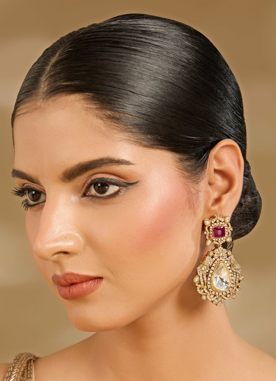 Gold Toned Teardrop Stone Statement Earrings Vivinia By Vidhi Mehra - Fabilicious Fashion