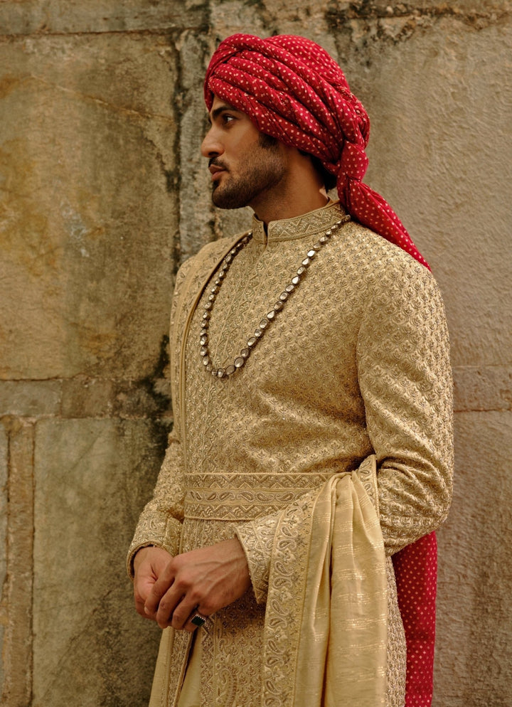 Gold Zardozi Raw Silk Sherwani Set Nitika Gujral - Men - Fabilicious Fashion