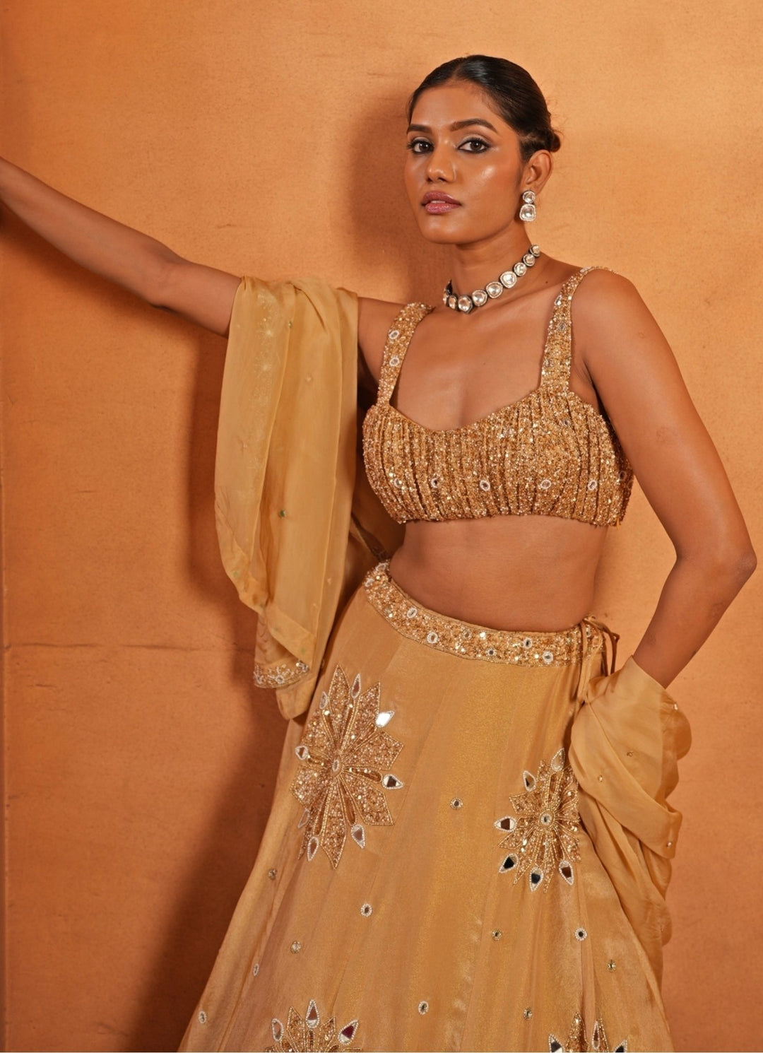 Gold Zari Embroidered Chiffon Lehenga Enamour by Radha - Fabilicious Fashion