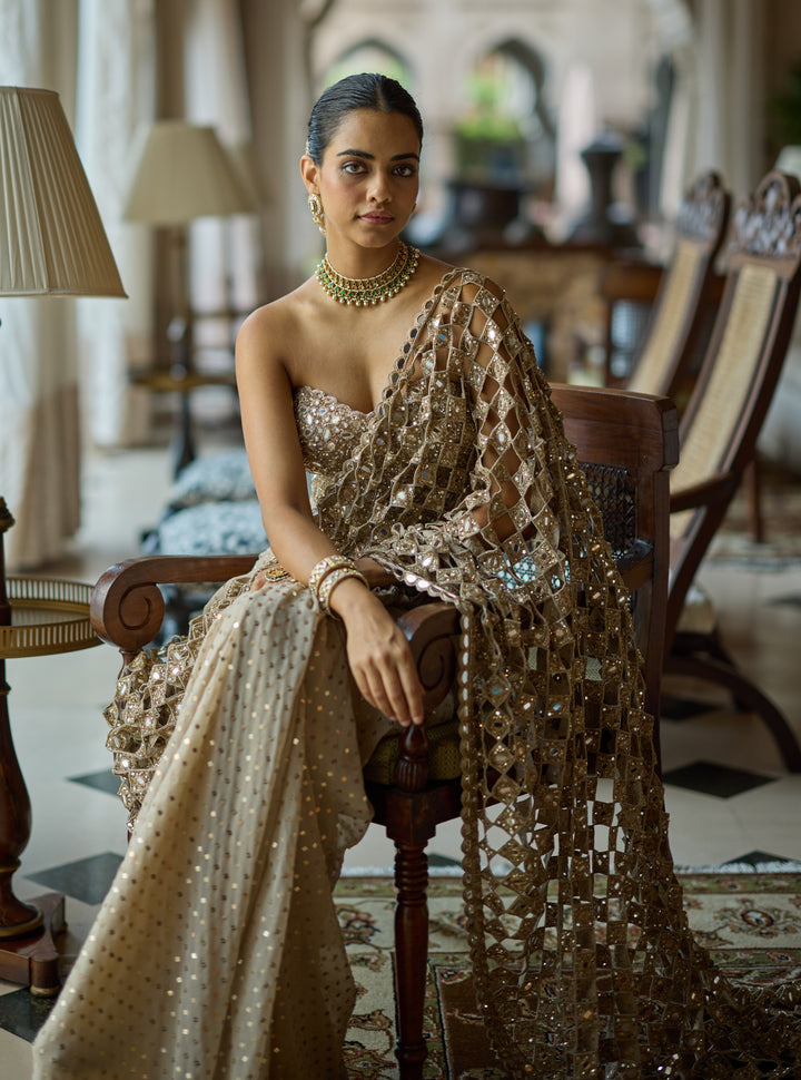 Beige Gold Crepe Cutwork Pallu Pre-Draped Saree With Corset Blouse