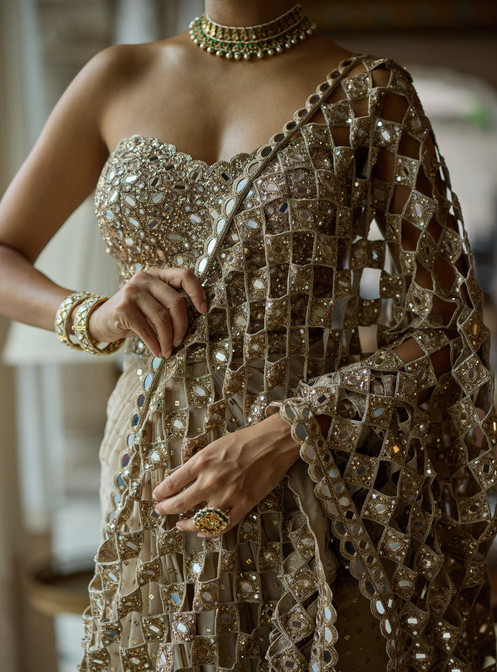 Beige Gold Crepe Cutwork Pallu Pre-Draped Saree With Corset Blouse