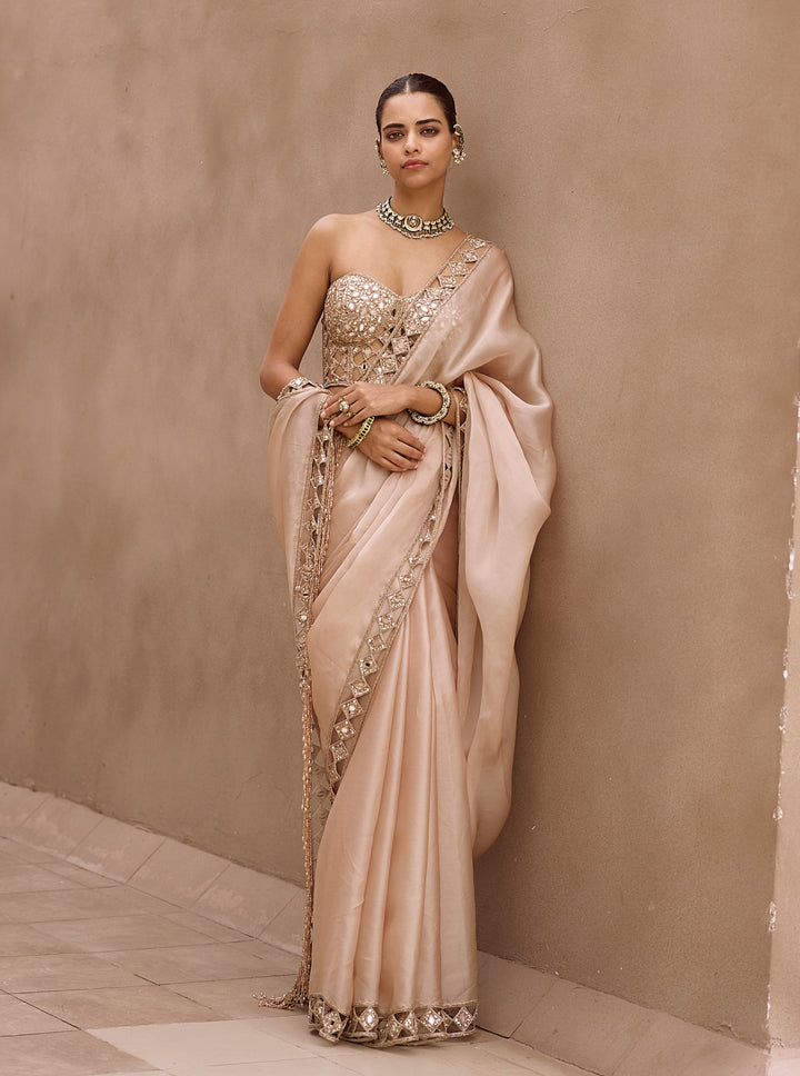 Beige Gold Satin Organza Saree With Corset Blouse