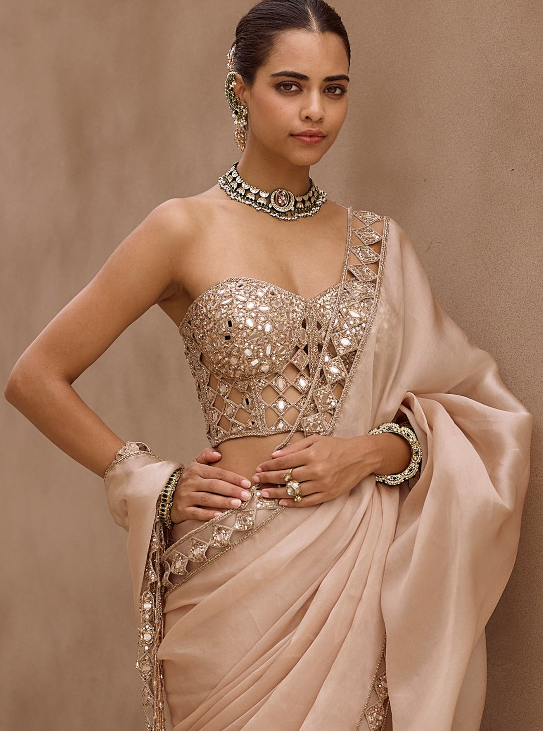 Beige Gold Satin Organza Saree With Corset Blouse