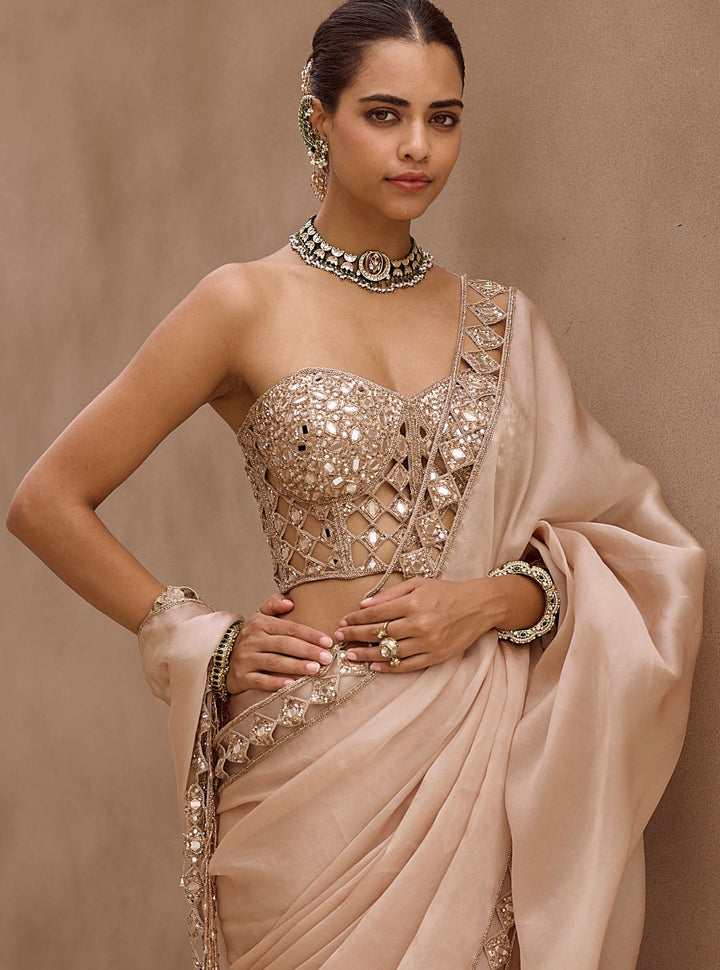 Beige Gold Satin Organza Saree With Corset Blouse