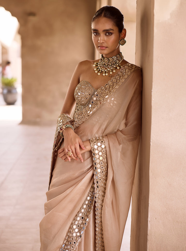 Beige Gold Satin Organza Saree With Corset