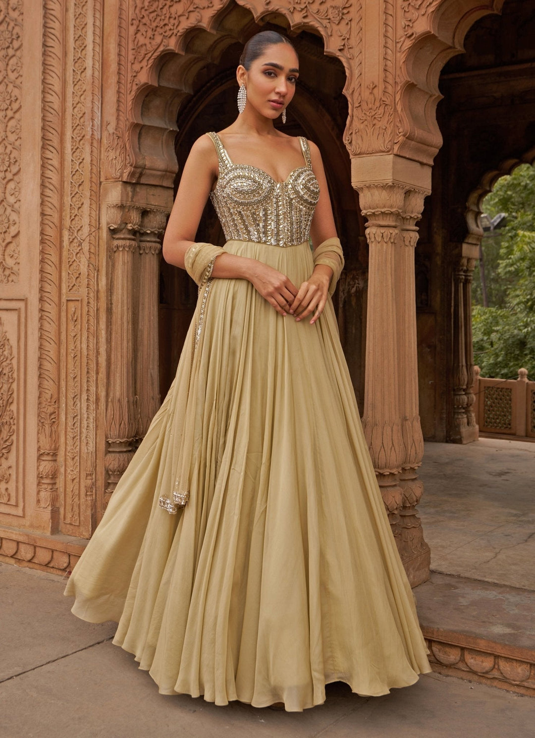 Golden Sequin Embroidered Corset Anarkali Gown Nidhika Shekhar - Fabilicious Fashion