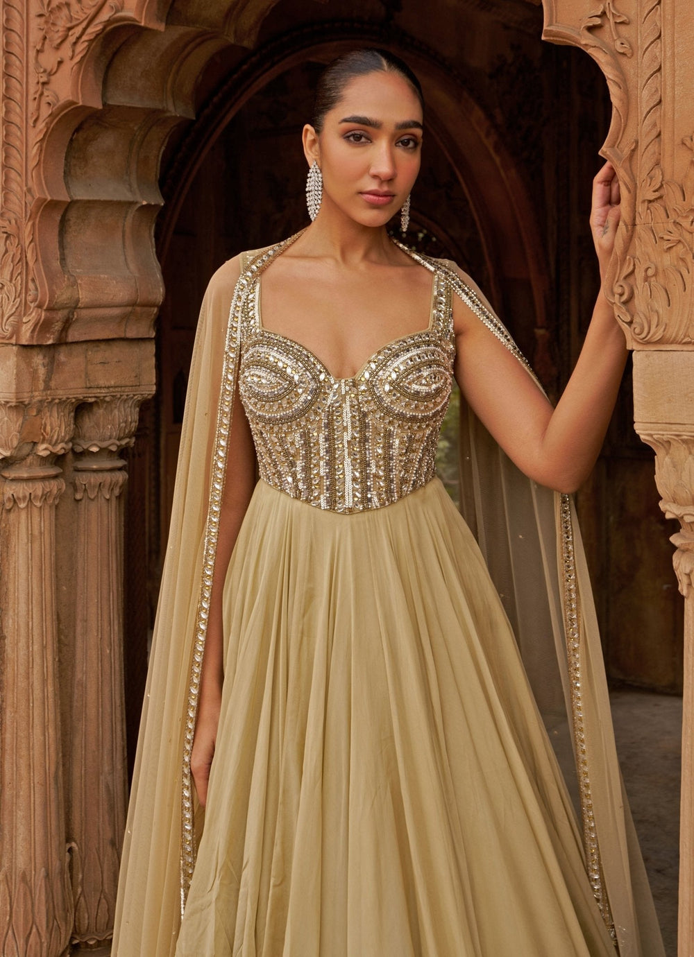 Golden Sequin Embroidered Corset Anarkali Gown Nidhika Shekhar - Fabilicious Fashion