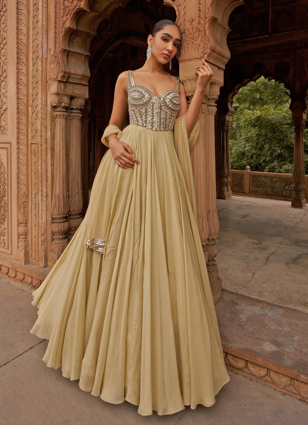 Golden Sequin Embroidered Corset Anarkali Gown Nidhika Shekhar - Fabilicious Fashion