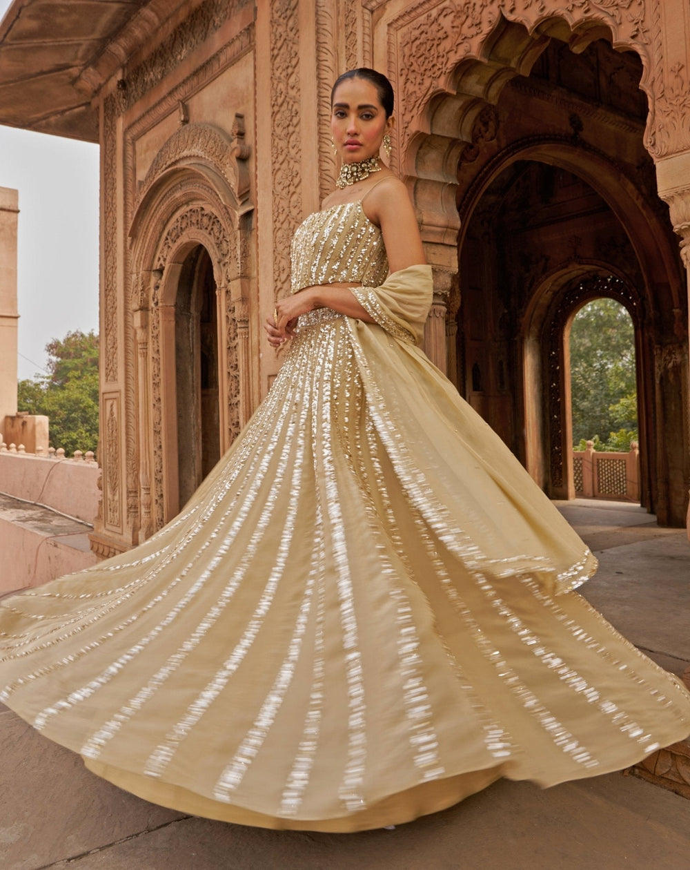 Golden Sequins Embroidered Lehenga Set With Corset Blouse Nidhika Shekhar - Fabilicious Fashion