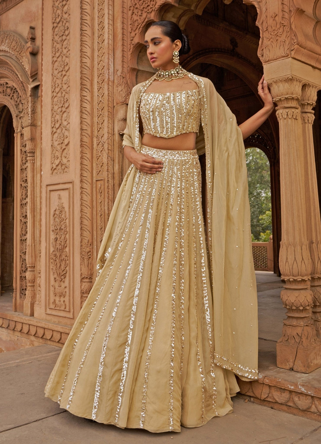 Golden Sequins Embroidered Lehenga Set With Corset Blouse Nidhika Shekhar - Fabilicious Fashion