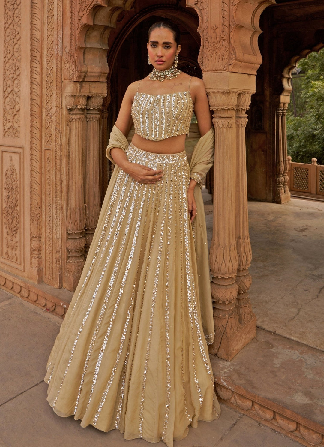 Golden Sequins Embroidered Lehenga Set With Corset Blouse Nidhika Shekhar - Fabilicious Fashion