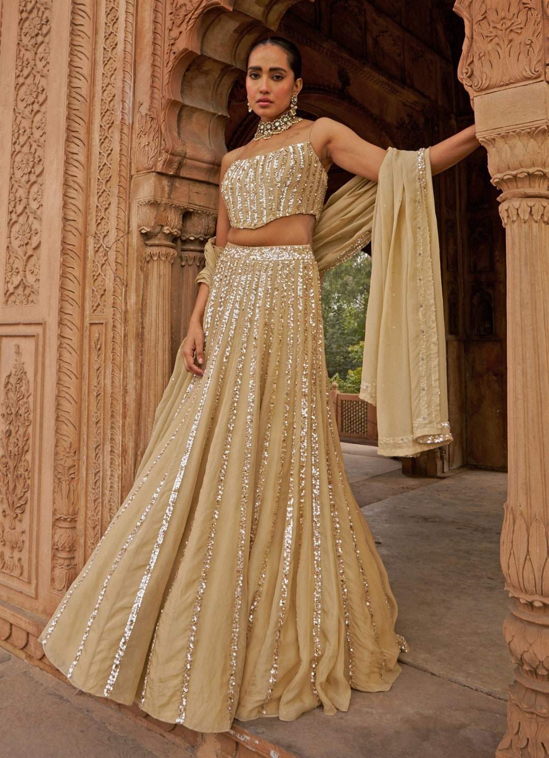 Golden Sequins Embroidered Lehenga Set With Corset Blouse Nidhika Shekhar - Fabilicious Fashion