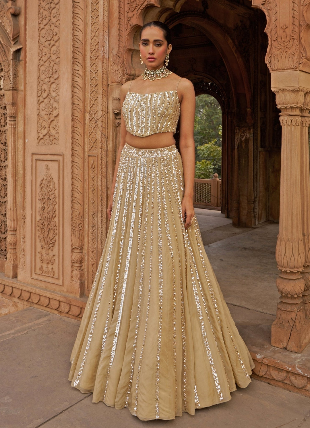 Golden Sequins Embroidered Lehenga Set With Corset Blouse Nidhika Shekhar - Fabilicious Fashion