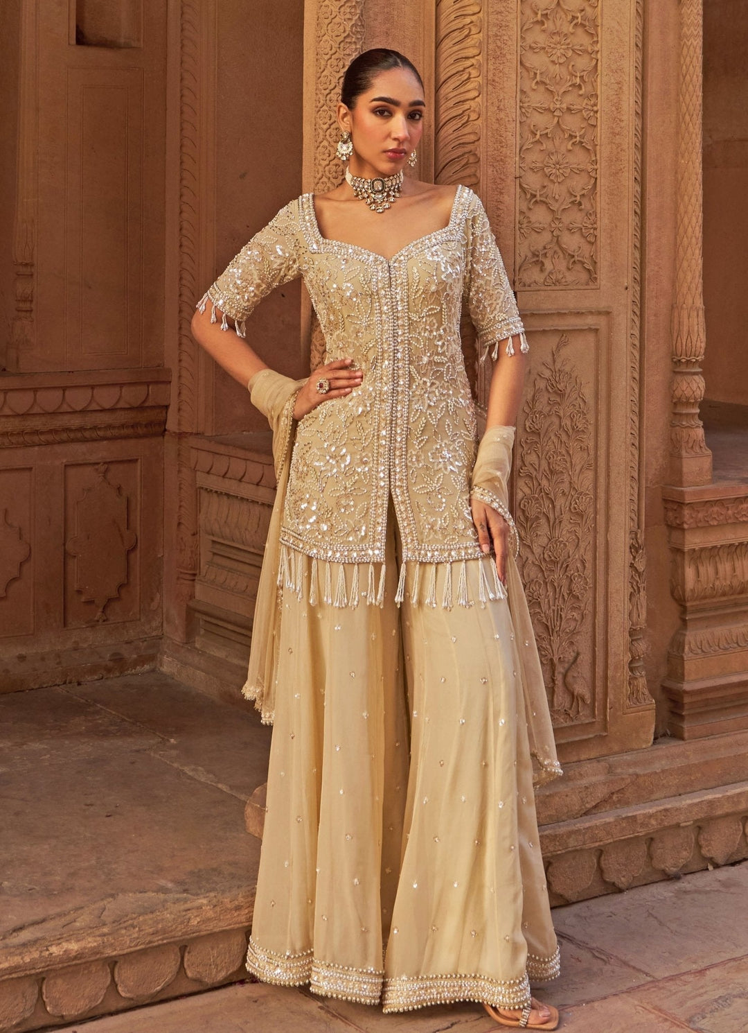 Golden Sequins Embroidered Short Kurta Sharara Set Nidhika Shekhar - Fabilicious Fashion