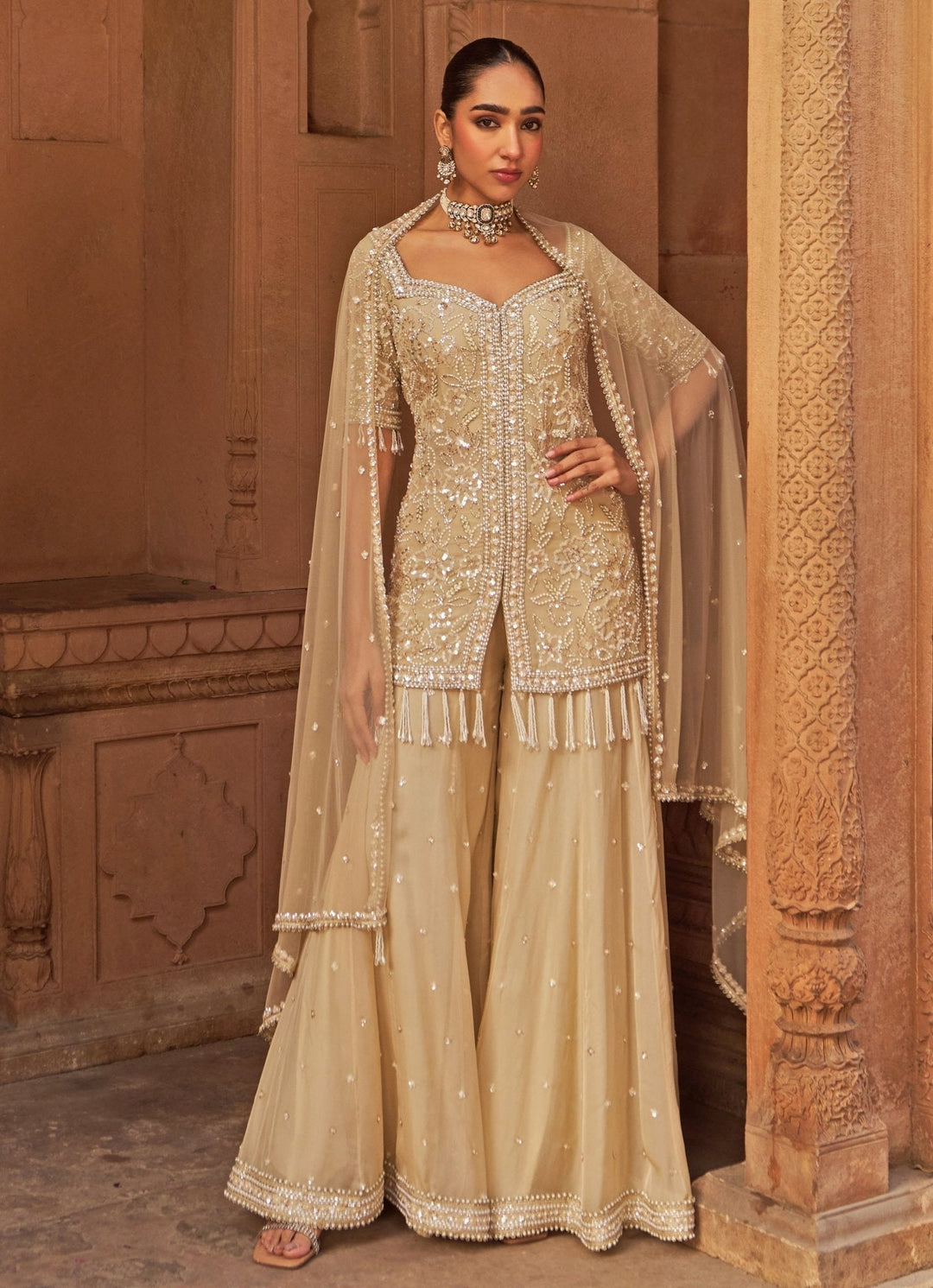 Golden Sequins Embroidered Short Kurta Sharara Set Nidhika Shekhar - Fabilicious Fashion