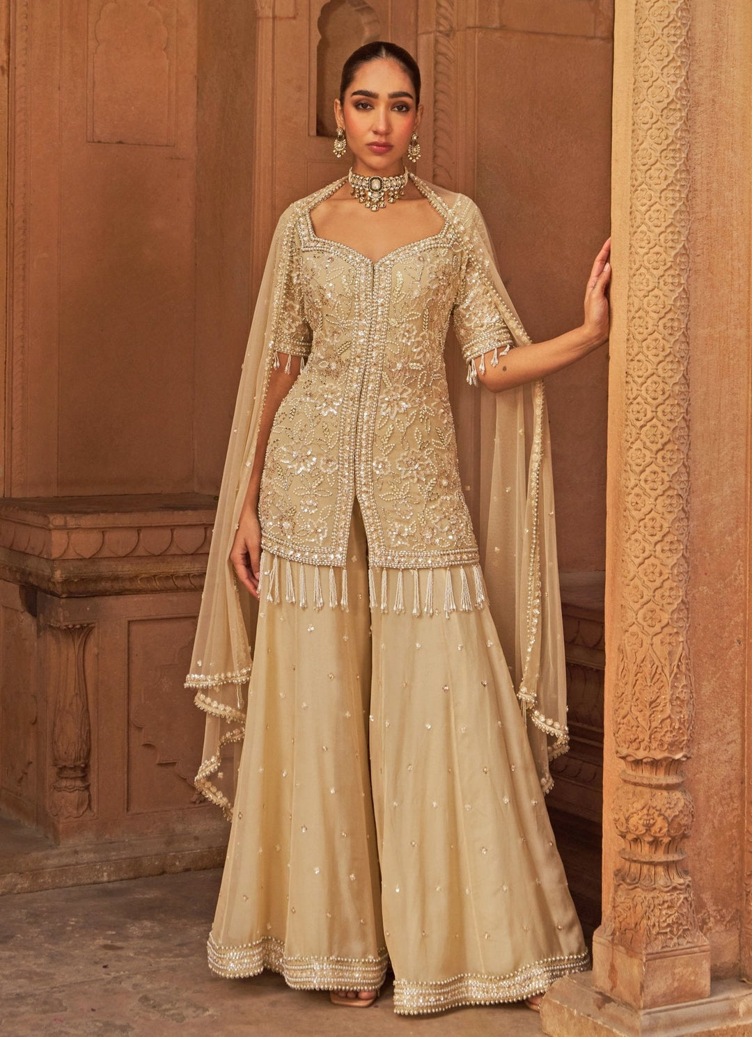 Golden Sequins Embroidered Short Kurta Sharara Set Nidhika Shekhar - Fabilicious Fashion