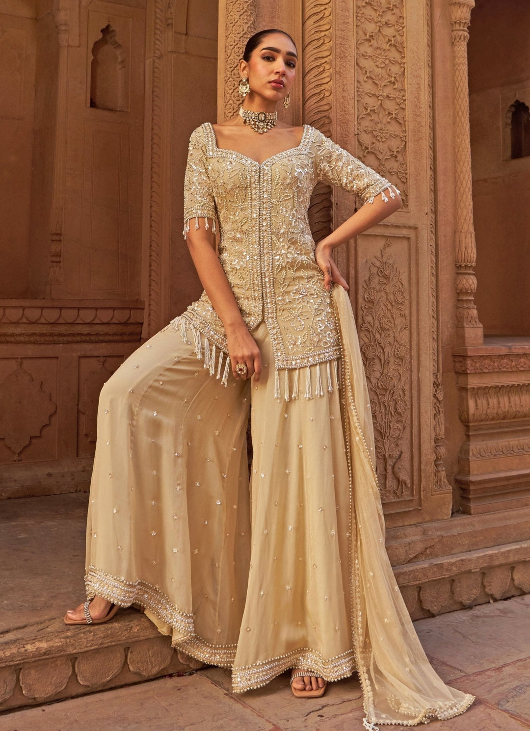 Golden Sequins Embroidered Short Kurta Sharara Set Golden Sequins Embroidered Short Kurta Sharara Set