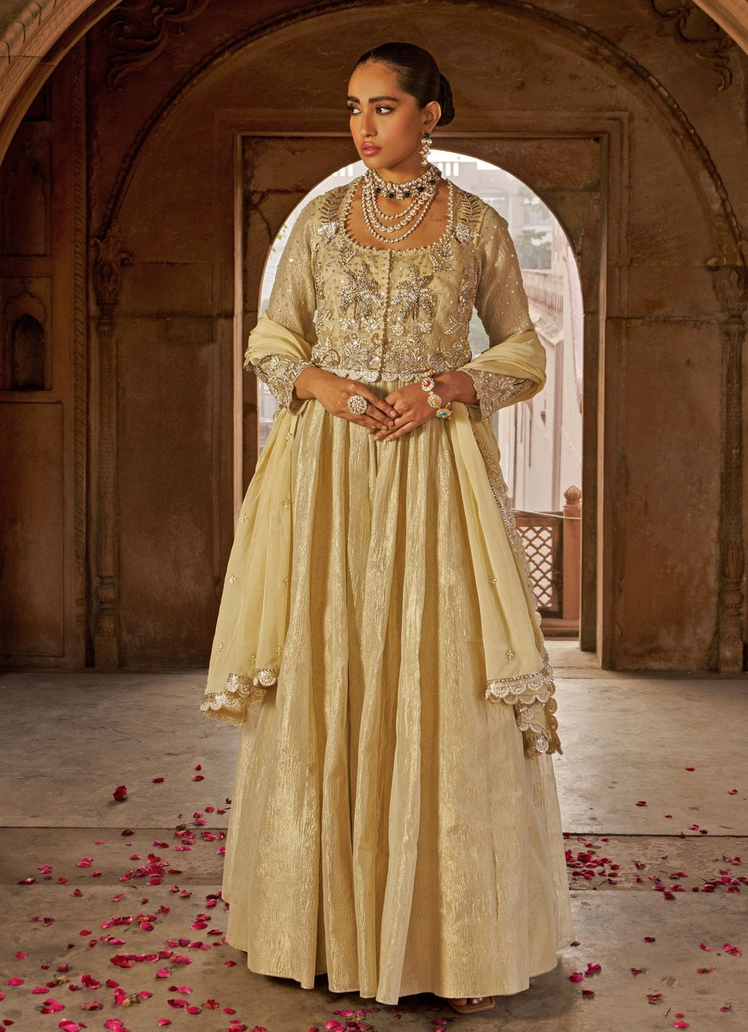 Nidhika Shekhar Golden Tissue Anarkali With Floral Embroidered Short Jacket XS Nidhika Shekhar Golden Tissue Anarkali With Floral Embroidered Short Jacket XS