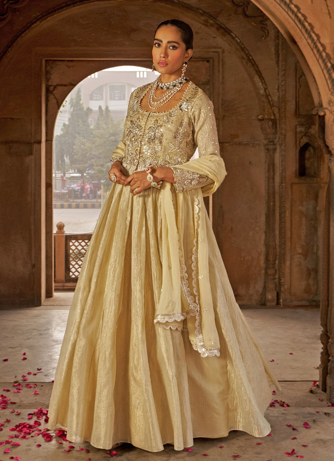 Nidhika Shekhar Golden Tissue Anarkali With Floral Embroidered Short Jacket XS Nidhika Shekhar Golden Tissue Anarkali With Floral Embroidered Short Jacket XS