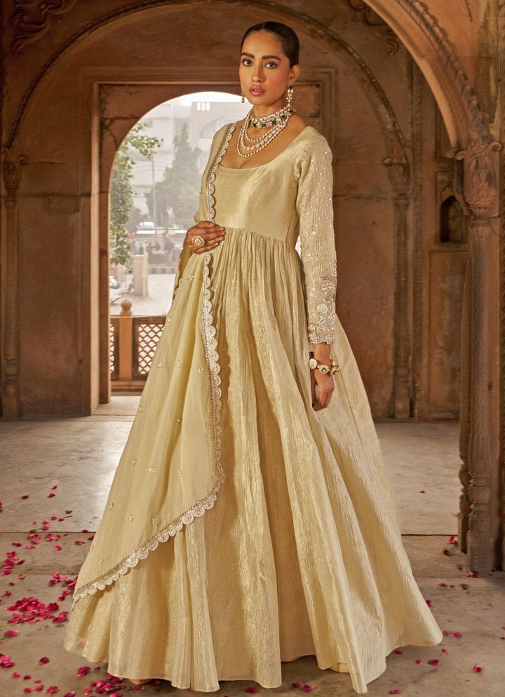Golden Tissue Anarkali With Floral Embroidered Short Jacket Nidhika Shekhar - Fabilicious Fashion
